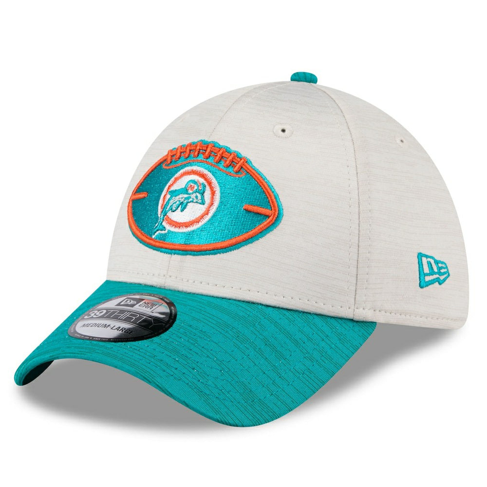 Miami Dolphins New Era 2024 Sideline Historic 39THIRTY Flex Hat Stone/Aqua