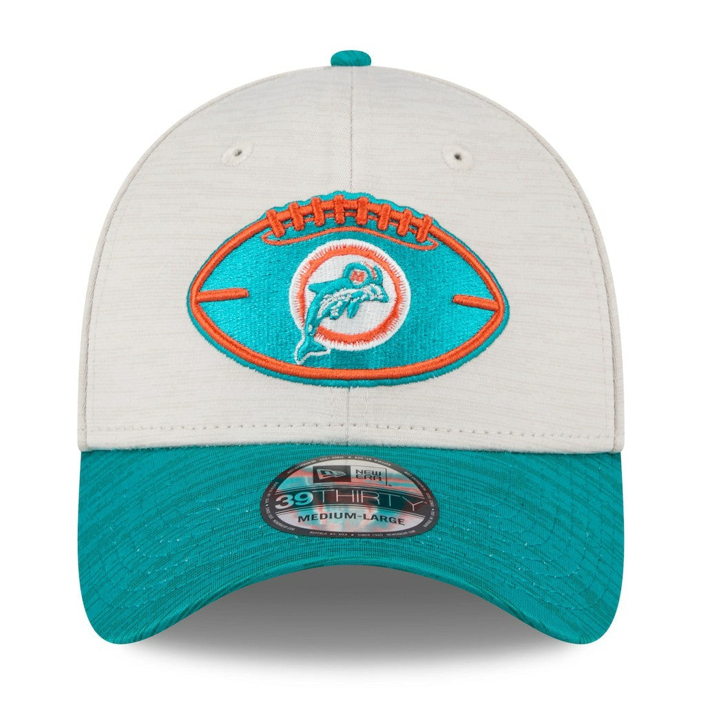 Miami Dolphins New Era 2024 Sideline Historic 39THIRTY Flex Hat Stone/Aqua