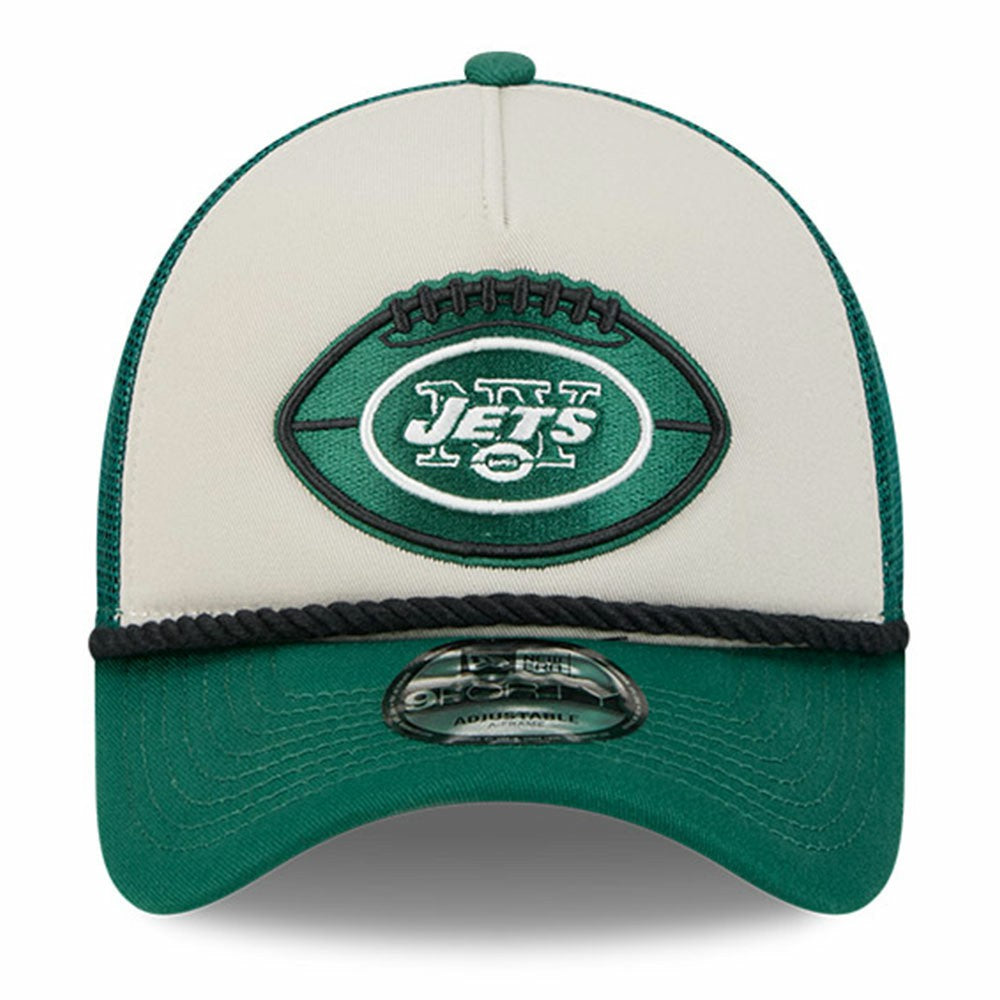 New York Jets New Era 2024 Sideline Historic 9FORTY A-Frame Trucker Adjustable Hat Stone/Green