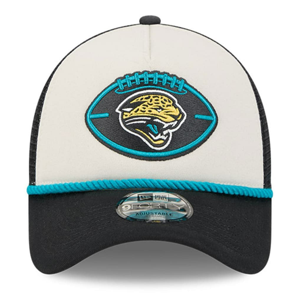 Jacksonville Jaguars New Era 2024 Sideline Historic 9FORTY A-Frame Trucker Adjustable Hat Stone/Black