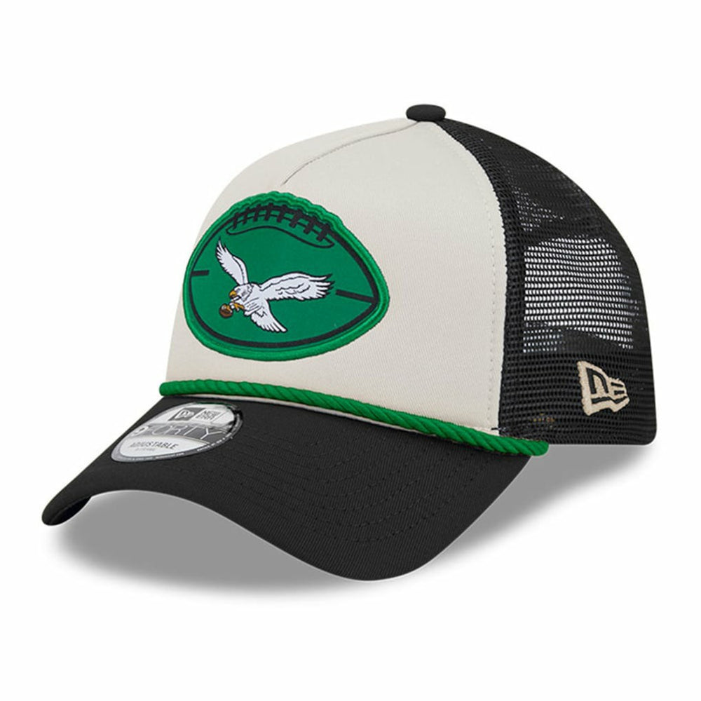 Philadelphia Eagles New Era 2024 Sideline Historic 9FORTY A-Frame Trucker Adjustable Hat Stone/Black
