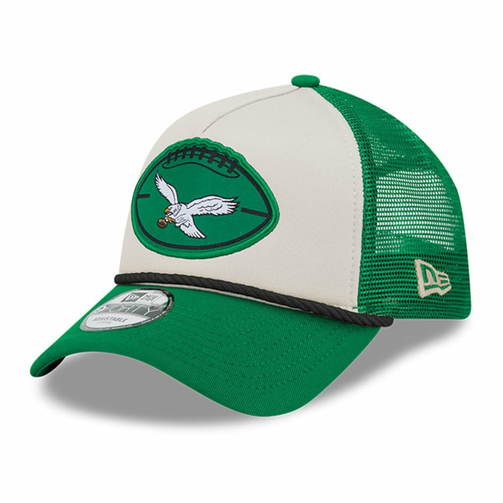 Philadelphia Eagles New Era 2024 Sideline Historic 9FORTY A-Frame Trucker Adjustable Hat Stone/Kelly Green
