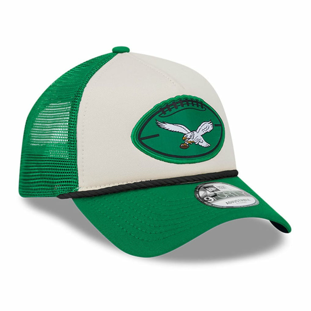 Philadelphia Eagles New Era 2024 Sideline Historic 9FORTY A-Frame Trucker Adjustable Hat Stone/Kelly Green