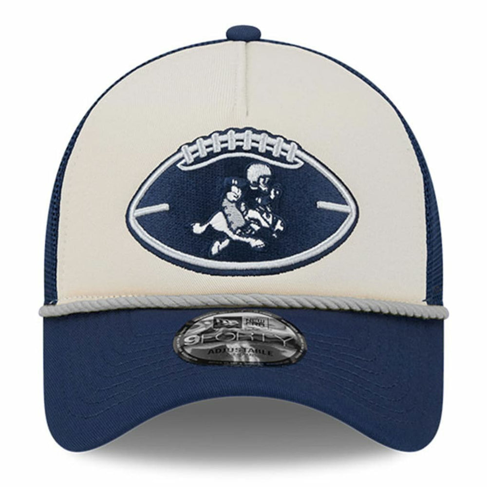 Dallas Cowboys New Era Youth 2024 Sideline Historic 9FORTY A-Frame Trucker Adjustable Hat Stone/Navy