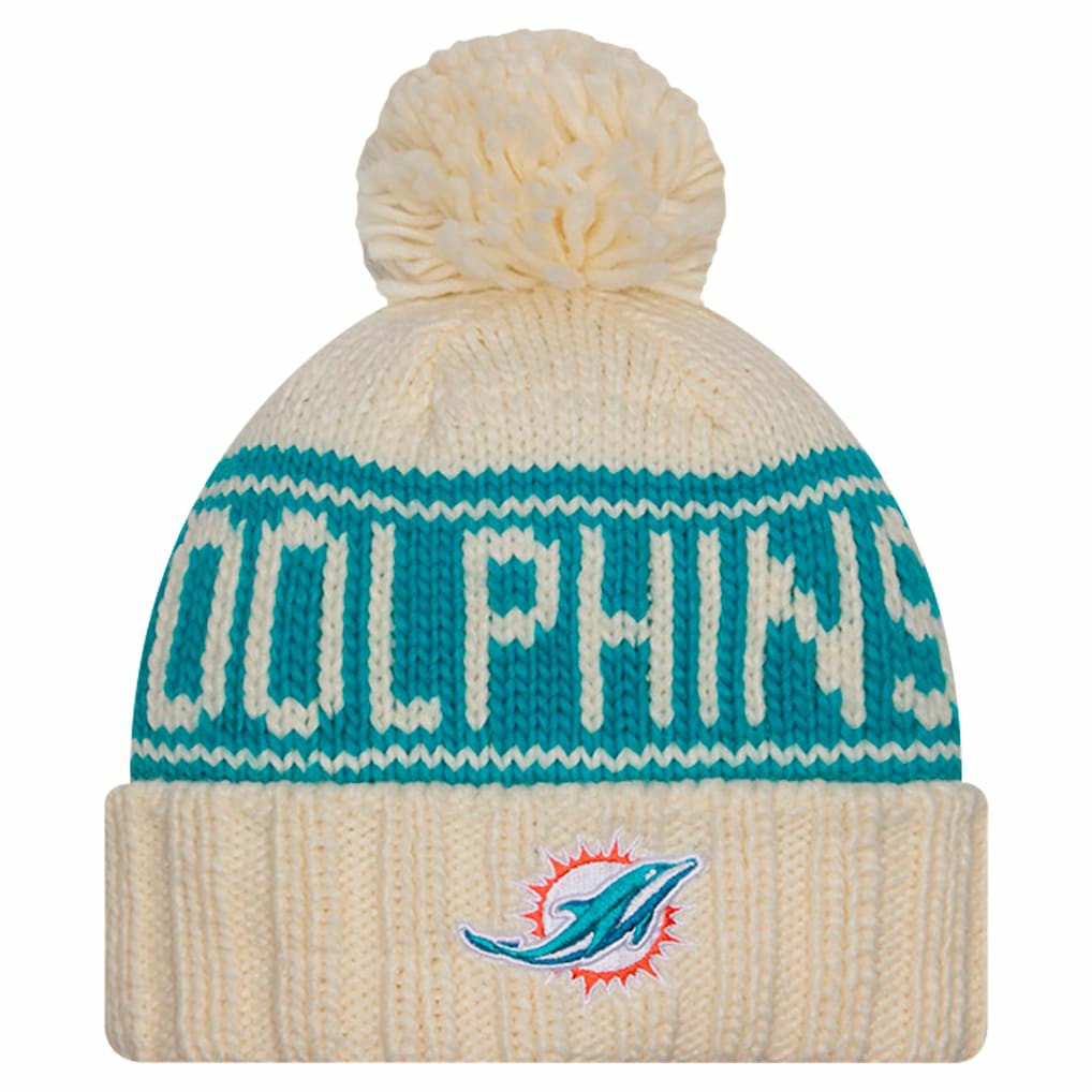 Miami Dolphins New Era Women's 2024 Sideline Cuffed Knit Hat with Pom Cream