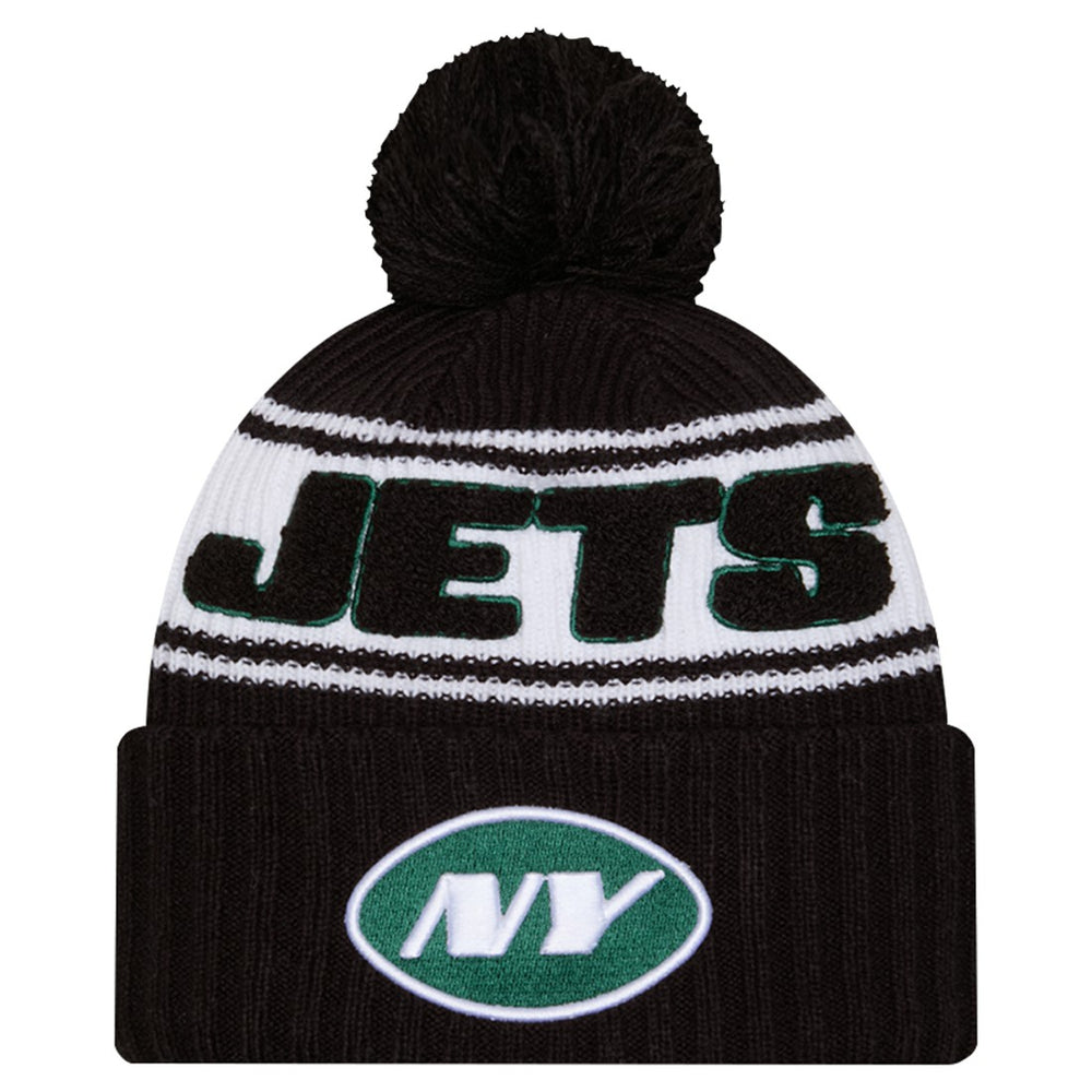 New York Jets New Era Youth 2024/25 Sideline Cuffed Knit Hat with Pom Black