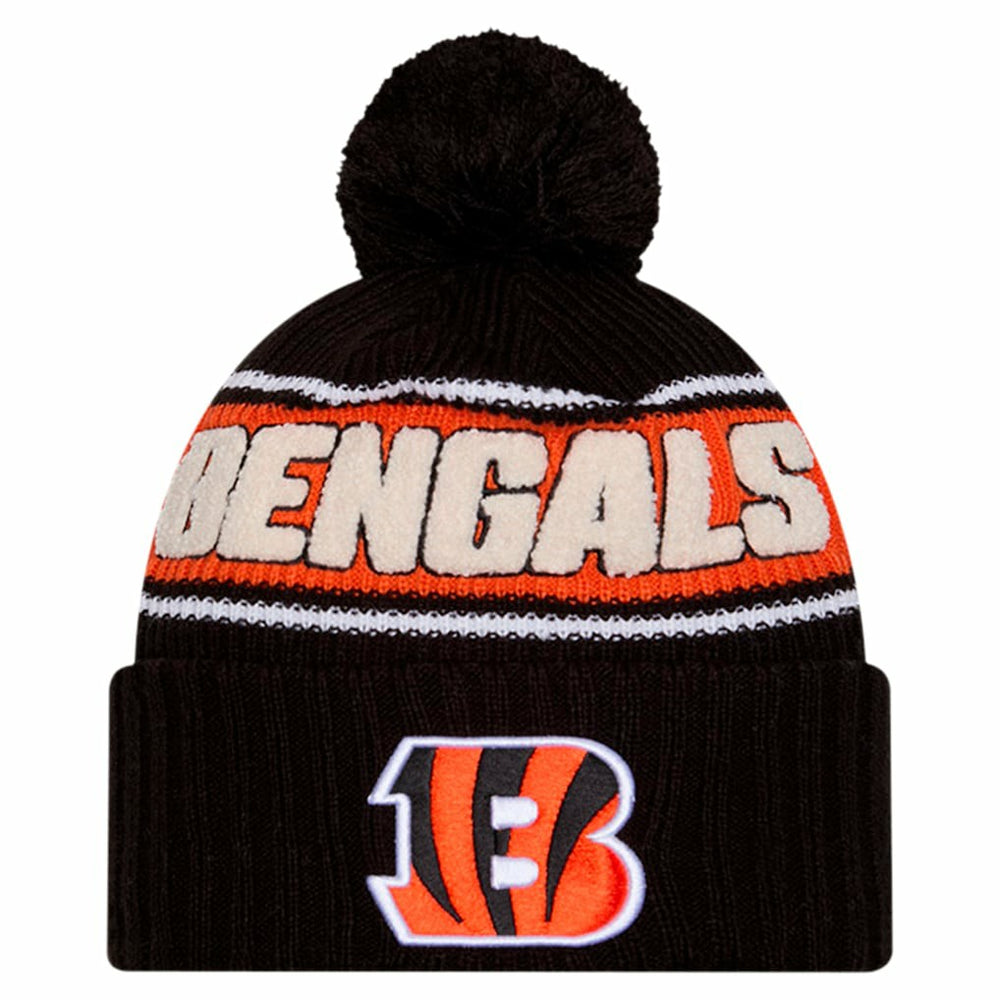 Cincinnati Bengals New Era Youth 2024 Sideline Sport Cuffed Knit Hat with Pom Black