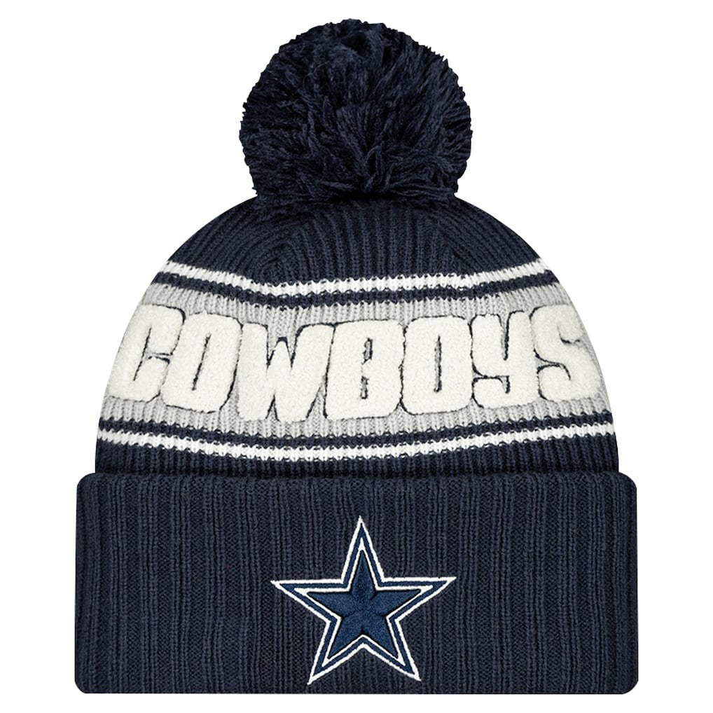 Dallas Cowboys New Era Youth 2024/25 Sideline Cuffed Knit Hat with Pom Navy