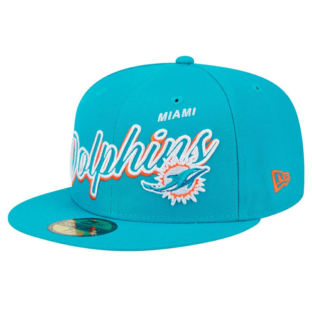 Miami Dolphins New Era Script Sided 59FIFTY Fitted Hat Aqua