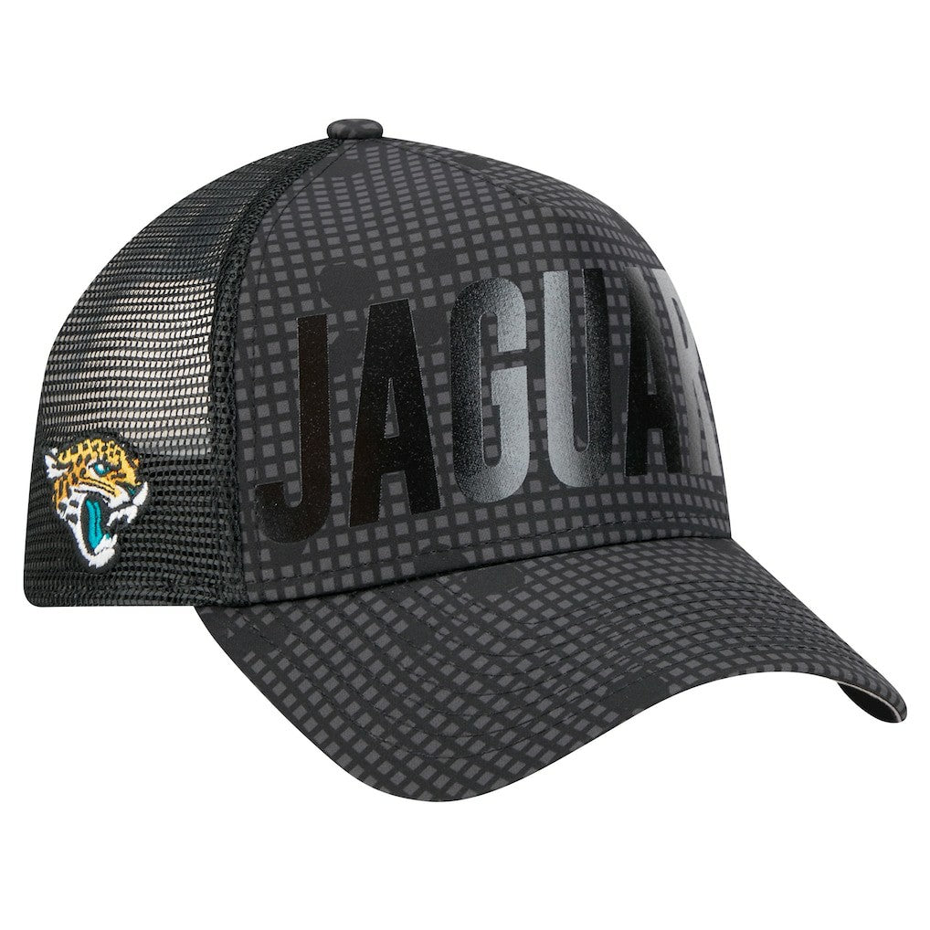 Jacksonville Jaguars New Era Midnight Ink Tonal Text A-Frame Trucker 9FORTY Adjustable Hat Black