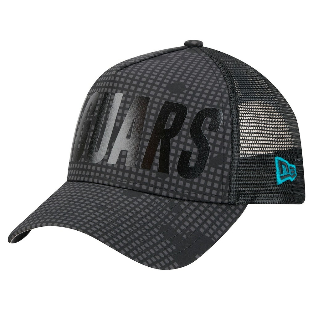 Jacksonville Jaguars New Era Midnight Ink Tonal Text A-Frame Trucker 9FORTY Adjustable Hat Black