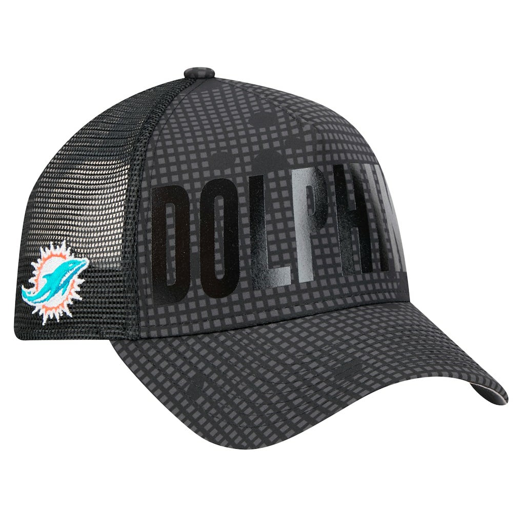 Miami Dolphins New Era Midnight Ink Tonal Text A-Frame Trucker 9FORTY Adjustable Hat Black