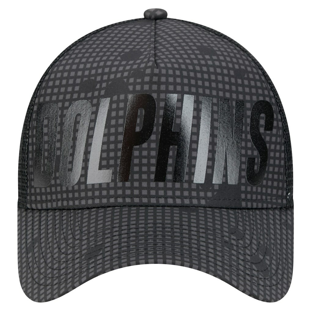 Miami Dolphins New Era Midnight Ink Tonal Text A-Frame Trucker 9FORTY Adjustable Hat Black