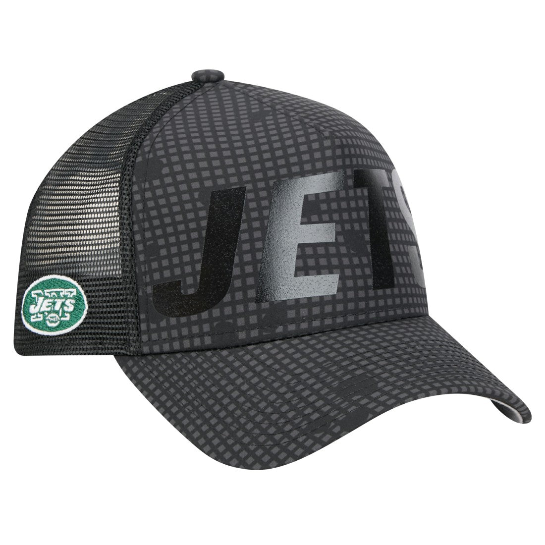 New York Jets New Era Throwback Midnight Ink Tonal Text A-Frame Trucker 9FORTY Adjustable Hat Black