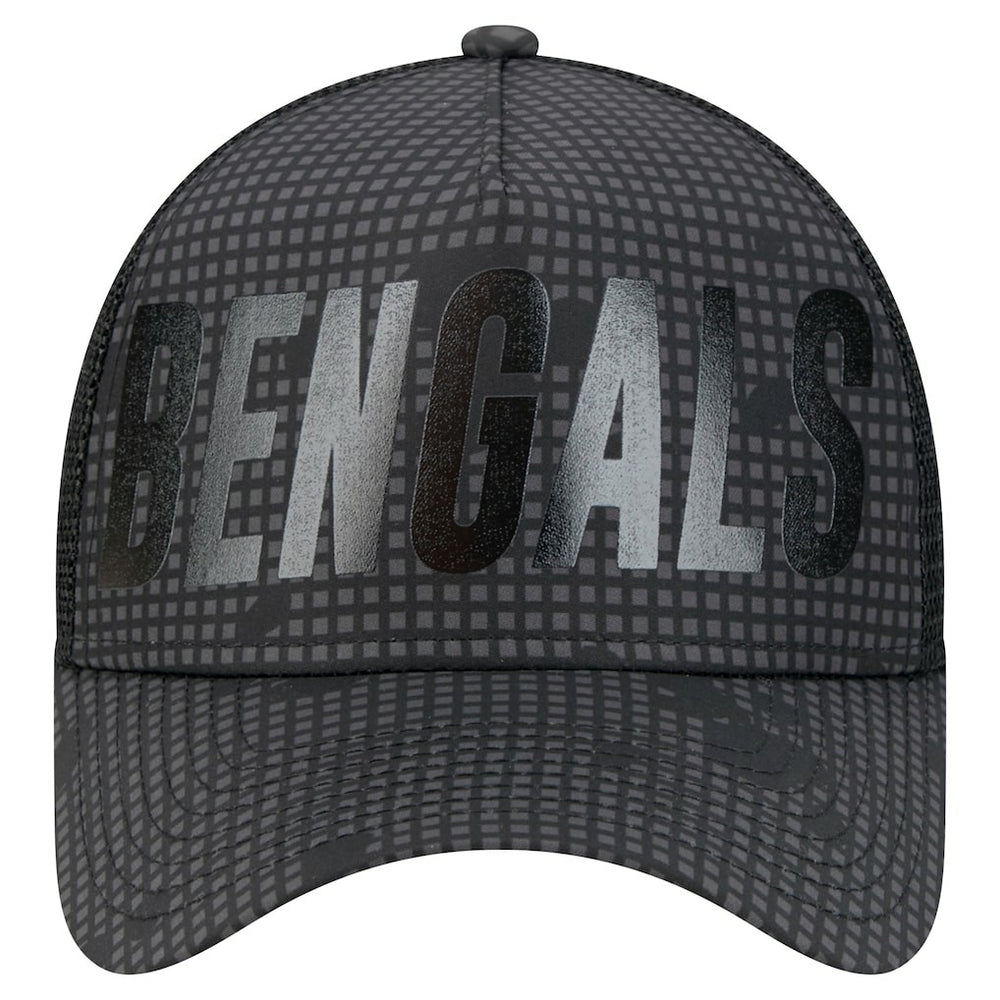 Cincinnati Bengals New Era Midnight Ink Tonal Text A-Frame Trucker 9FORTY Adjustable Hat Black