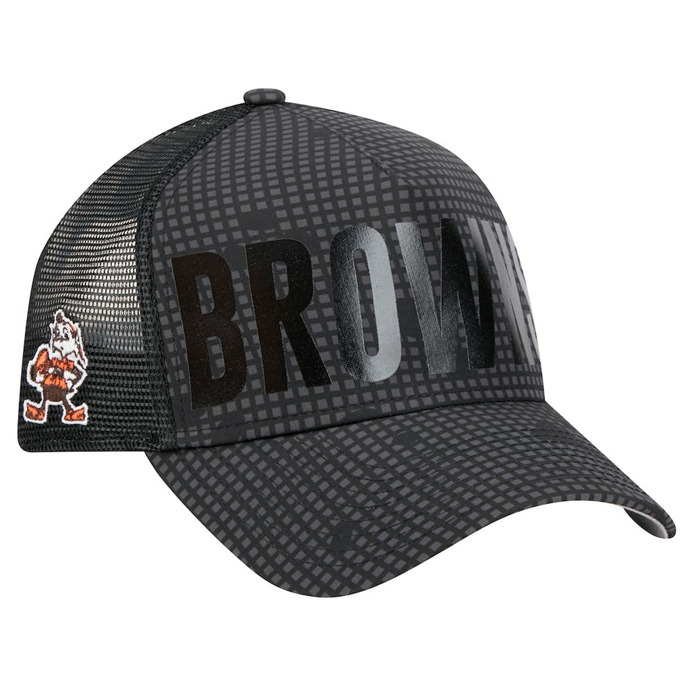 Cleveland Browns New Era Throwback Midnight Ink Tonal Text A-Frame Trucker 9FORTY Adjustable Hat Black