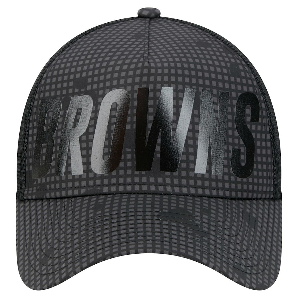 Cleveland Browns New Era Throwback Midnight Ink Tonal Text A-Frame Trucker 9FORTY Adjustable Hat Black