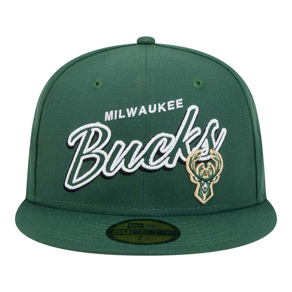 Milwaukee Bucks Sport Night Script Sided 59FIFTY Fitted Hat Hunter Green