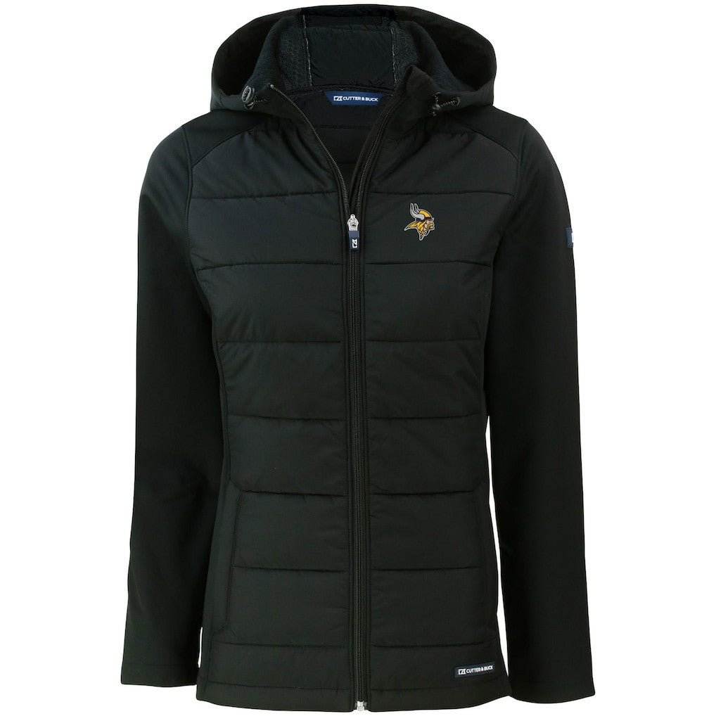 Minnesota Vikings Cutter & Buck Women's Evoke PrimaLoft Hybrid Eco Softshell Recycled Full-Zip Hooded Jacket Black