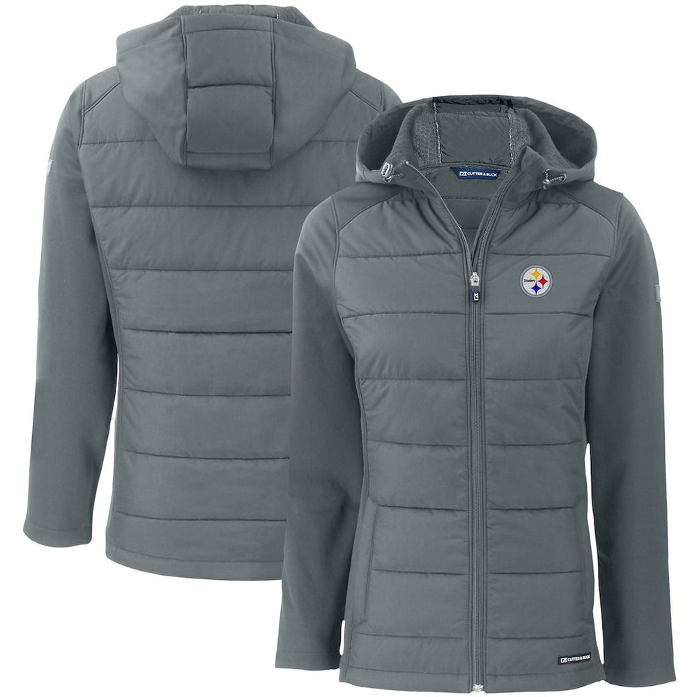 Pittsburgh Steelers Cutter & Buck Women's Evoke PrimaLoft Hybrid Eco Softshell Recycled Full-Zip Hooded Jacket Gray