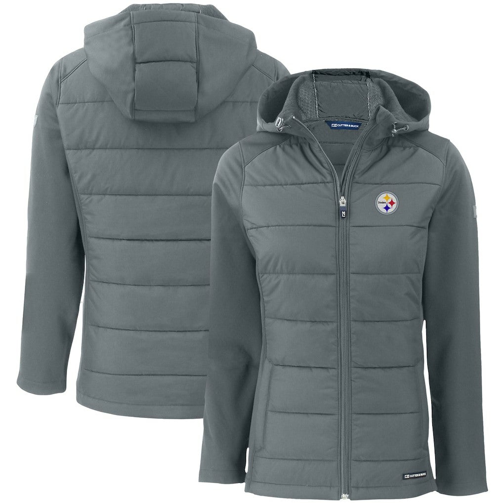 Pittsburgh Steelers Cutter & Buck Women's Evoke PrimaLoft Hybrid Eco Softshell Recycled Full-Zip Hooded Jacket Gray