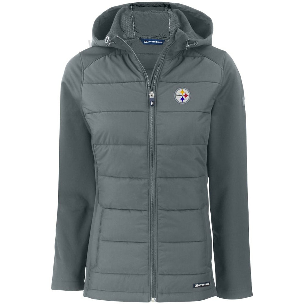 Pittsburgh Steelers Cutter & Buck Women's Evoke PrimaLoft Hybrid Eco Softshell Recycled Full-Zip Hooded Jacket Gray