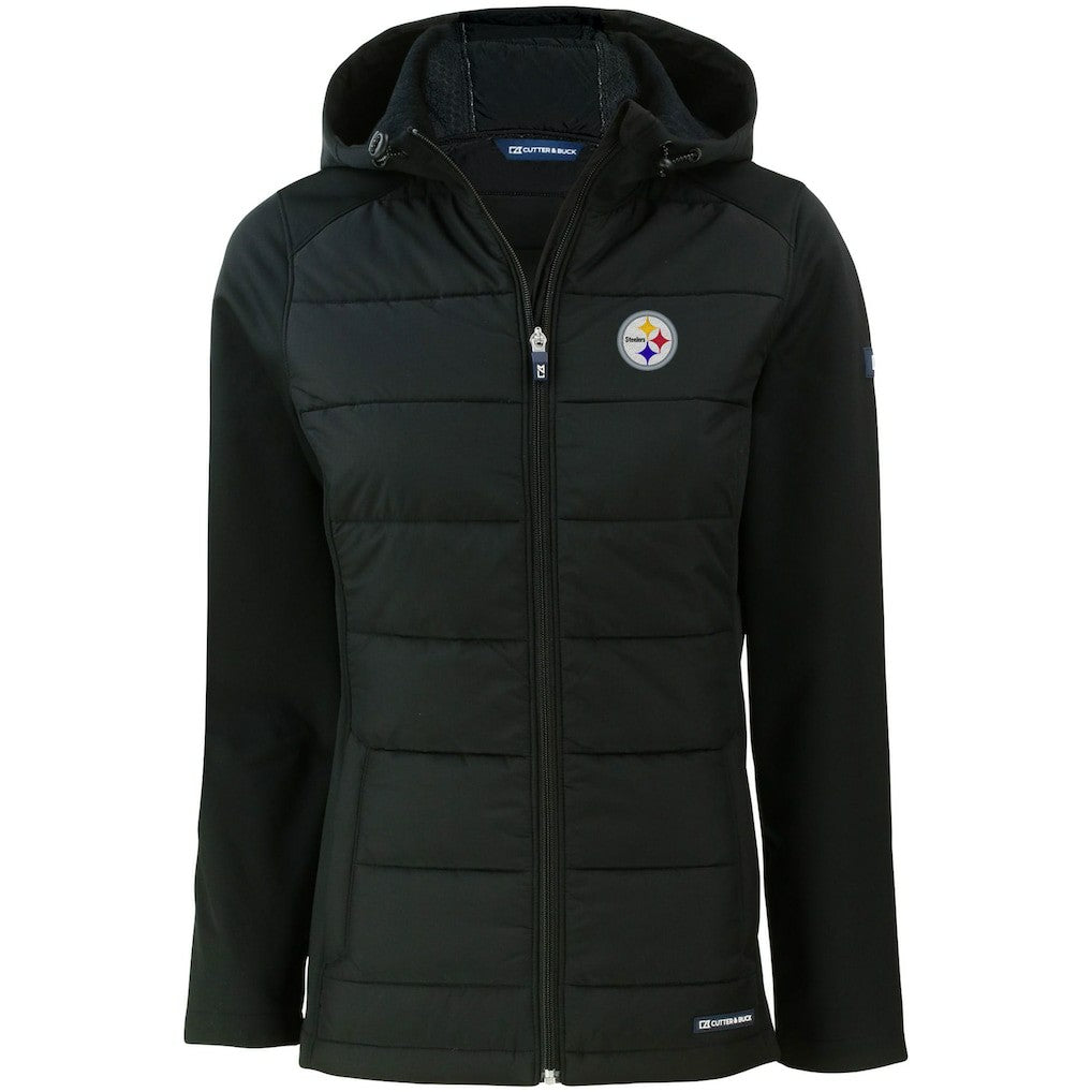 Pittsburgh Steelers Cutter & Buck Women's Evoke PrimaLoft Hybrid Eco Softshell Recycled Full-Zip Hooded Jacket Black