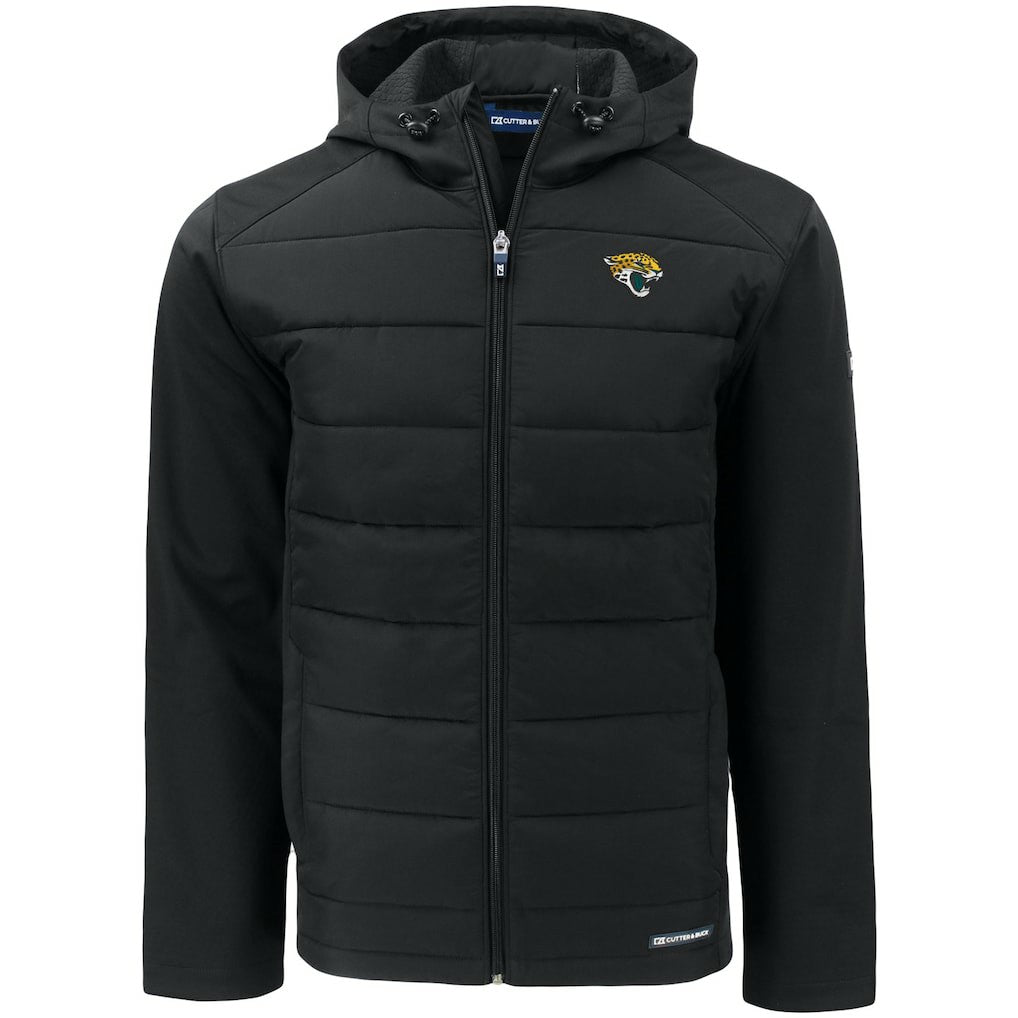 Jacksonville Jaguars Cutter & Buck Evoke PrimaLoft Hybrid Eco Softshell Recycled Full-Zip Hooded Jacket Black