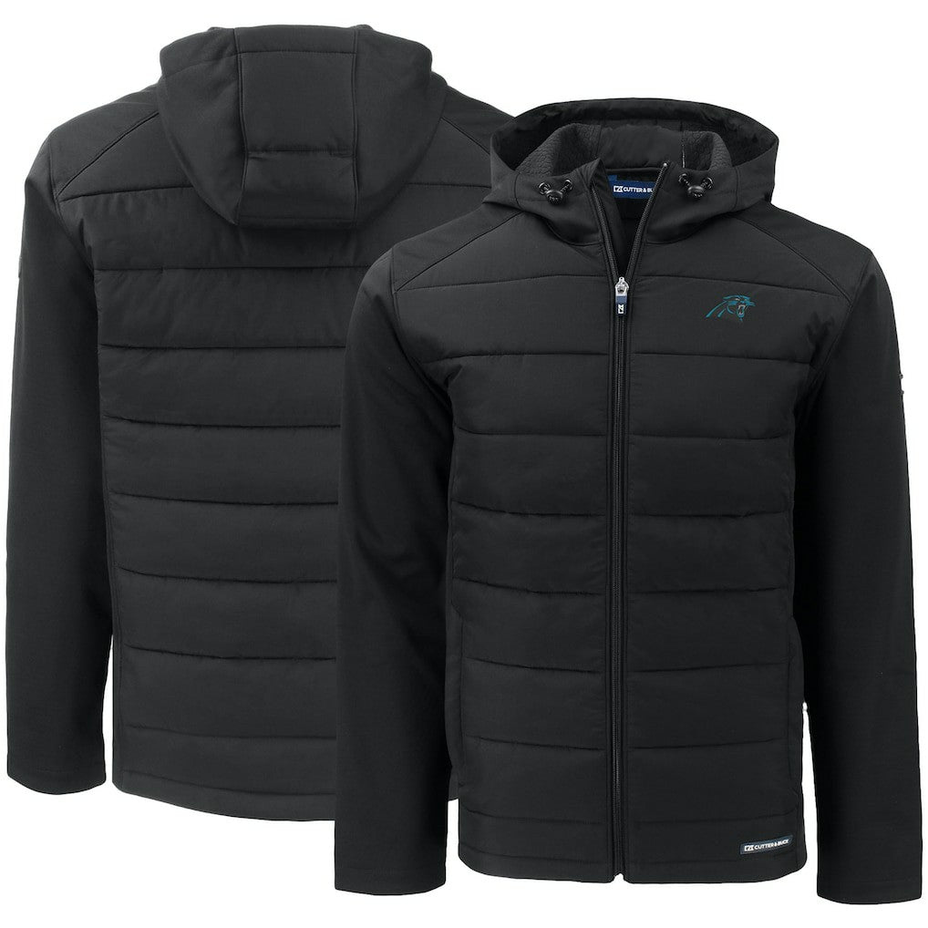 Carolina Panthers Cutter & Buck Evoke PrimaLoft Hybrid Eco Softshell Recycled Full-Zip Hooded Jacket Black