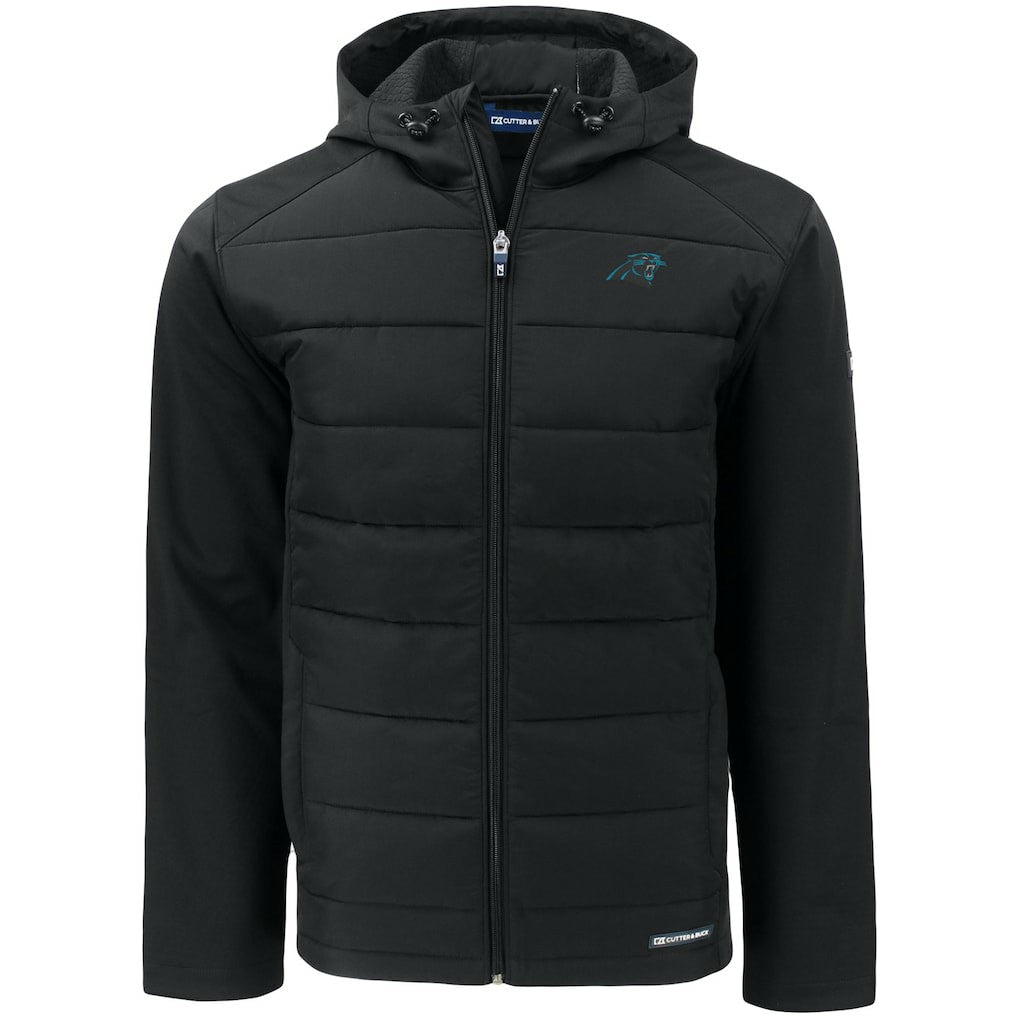 Carolina Panthers Cutter & Buck Evoke PrimaLoft Hybrid Eco Softshell Recycled Full-Zip Hooded Jacket Black