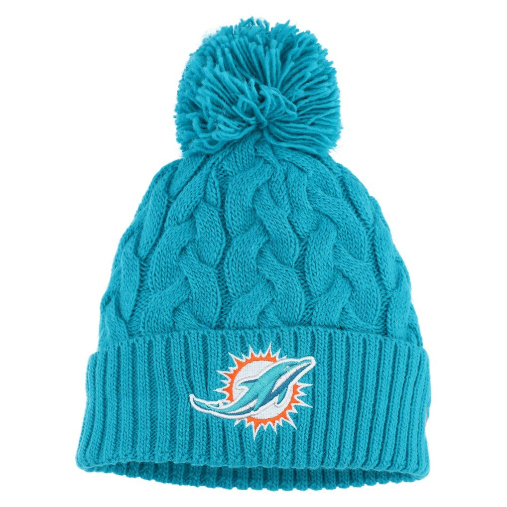 Miami Dolphins New Era Girls Youth Cabled Cuffed Knit Hat with Pom Aqua