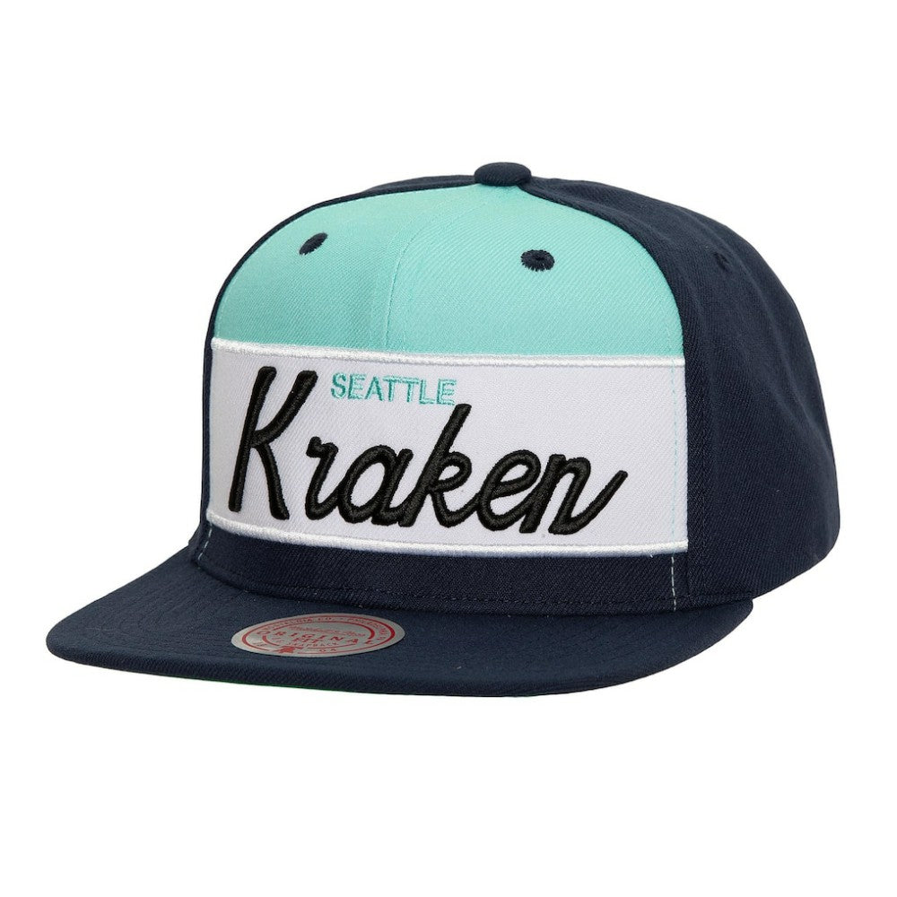 NHL Seattle Kraken Mitchell & Ness Retro Script Colorblock Snapback Hat - Deep Sea Blue