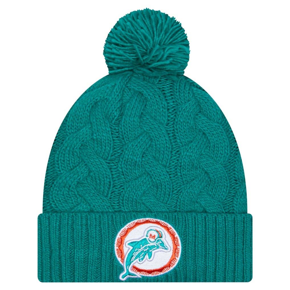 Miami Dolphins New Era Women's Cable Cuffed Knit Hat with Pom Aqua