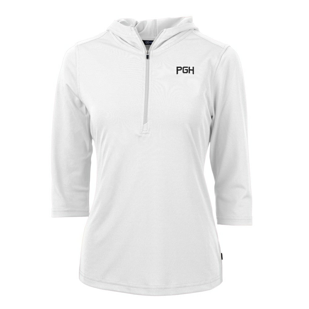 Pittsburgh Pirates Cutter & Buck Women's City Connect Virtue Eco Pique Half-Zip 3/4 Sleeve Pullover Hoodie - White Hoodies