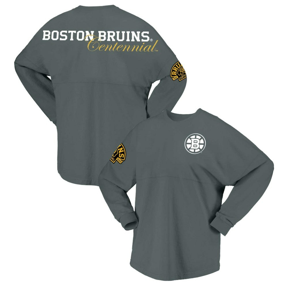NHL Boston Bruins Fanatics Women's 100th Anniversary Spirit Jersey T-Shirt - Gray