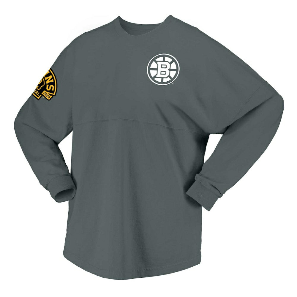 NHL Boston Bruins Fanatics Women's 100th Anniversary Spirit Jersey T-Shirt - Gray