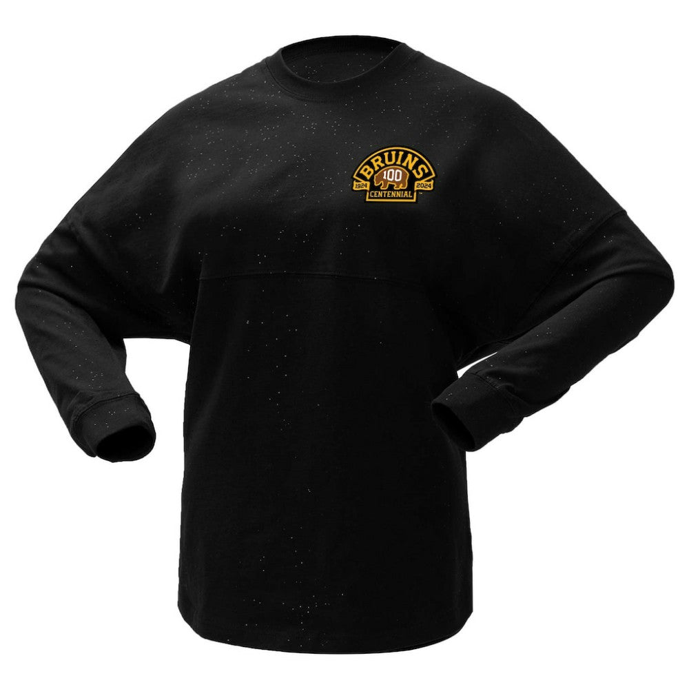 NHL Boston Bruins Fanatics Women's 100th Anniversary Sparkle Spirit Jersey T-Shirt - Black