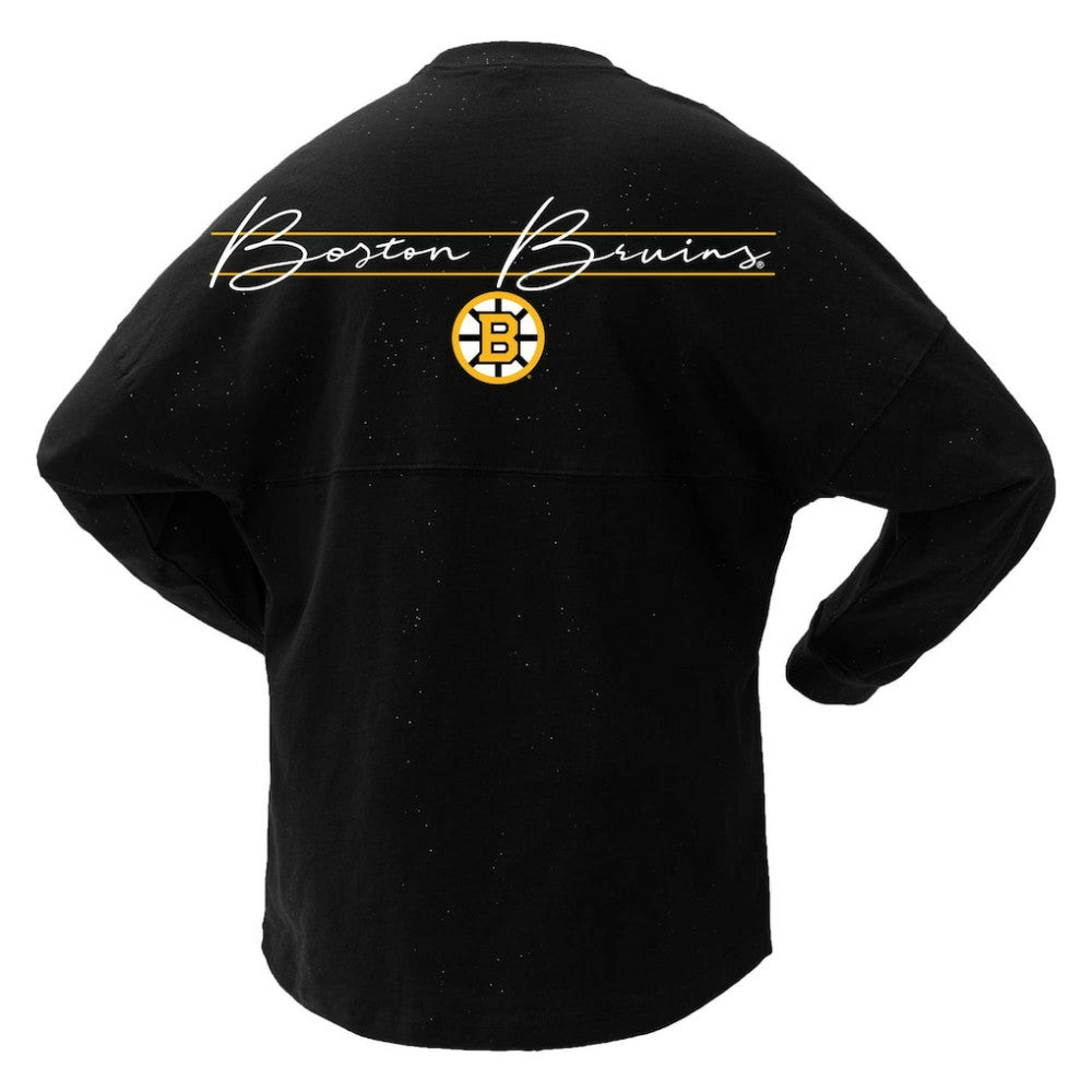 NHL Boston Bruins Fanatics Women's 100th Anniversary Sparkle Spirit Jersey T-Shirt - Black