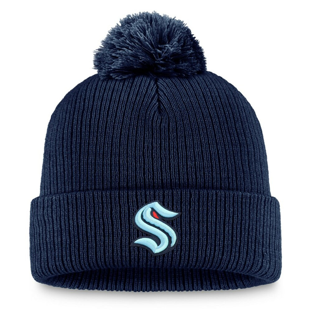 NHL Seattle Kraken Fanatics Primary Logo Cuffed Knit Hat with Pom - Deep Sea Blue