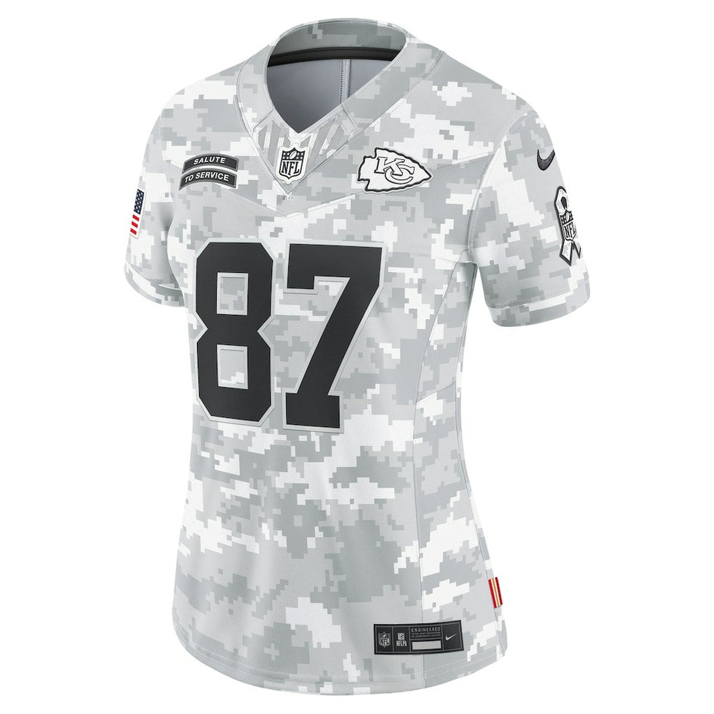 Travis Kelce Kansas City Chiefs Women's 2024 Salute to Service Limited Jersey Arctic Camo