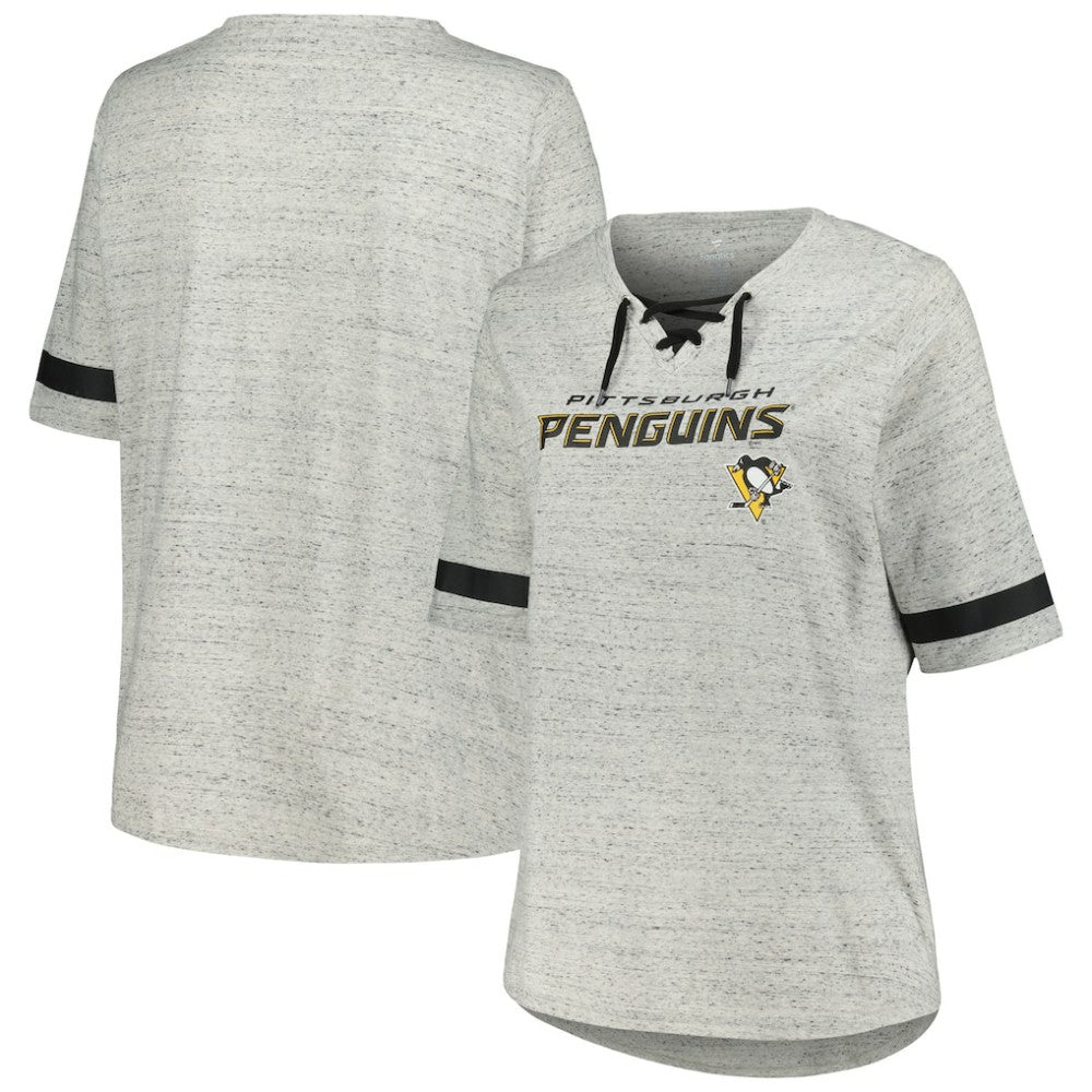 NHL Pittsburgh Penguins Fanatics Women's Plus Size Lace-Up T-Shirt - Heather Gray