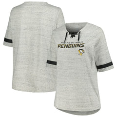 NHL Pittsburgh Penguins Fanatics Women's Plus Size Lace-Up T-Shirt - Heather Gray