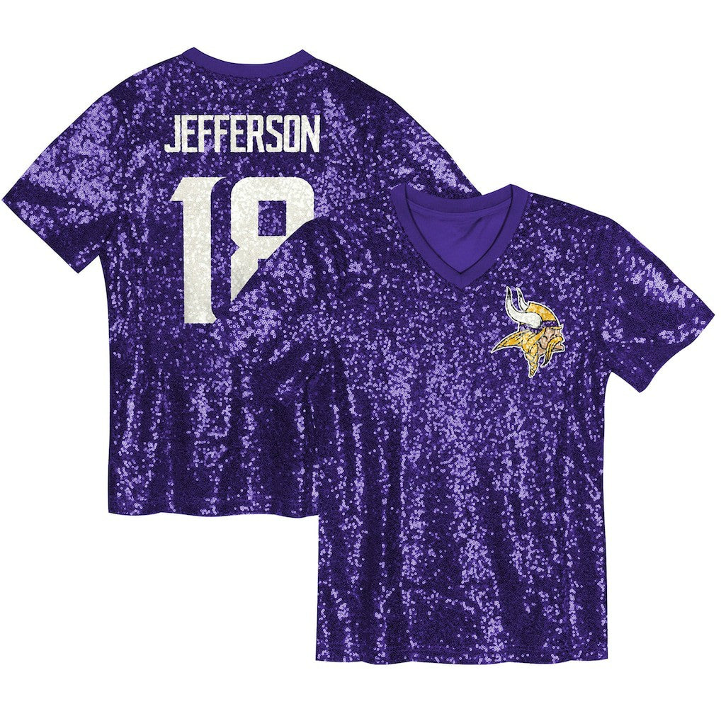 NFL Justin Jefferson Minnesota Vikings Girls Youth Sequin V-Neck Fashion Jersey - Purple discount