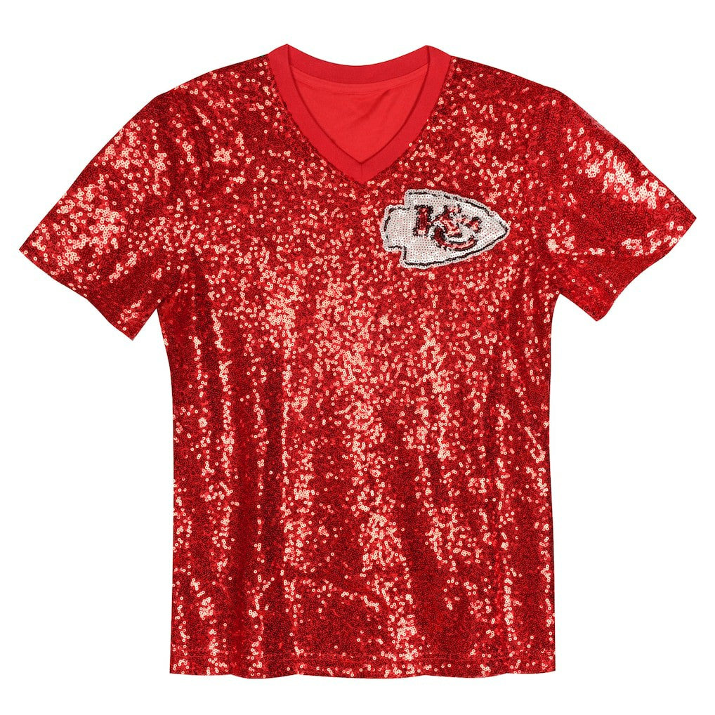 Patrick Mahomes Kansas City Chiefs Girls Youth Sequin V-Neck Fashion Jersey Red