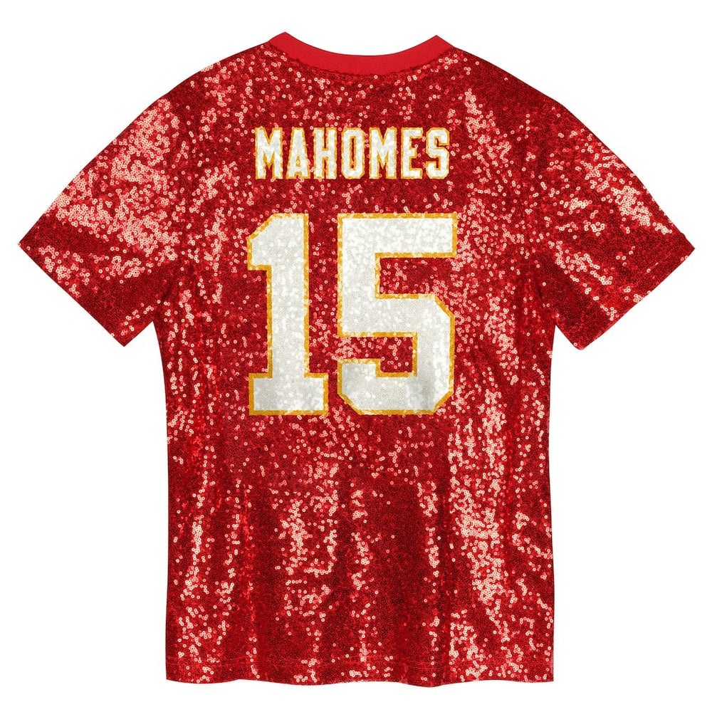 Patrick Mahomes Kansas City Chiefs Girls Youth Sequin V-Neck Fashion Jersey Red
