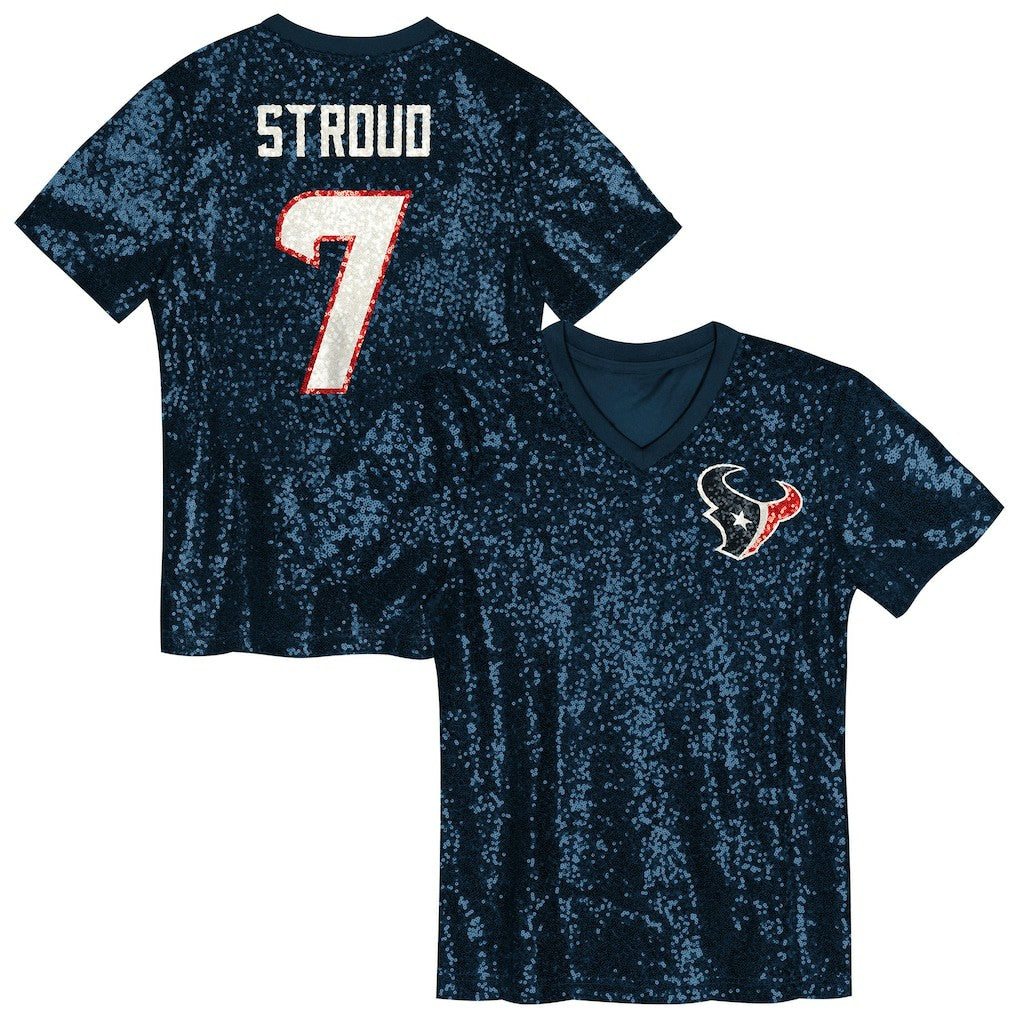 C.J. Stroud Houston Texans Girls Youth Sequin V-Neck Fashion Jersey Navy