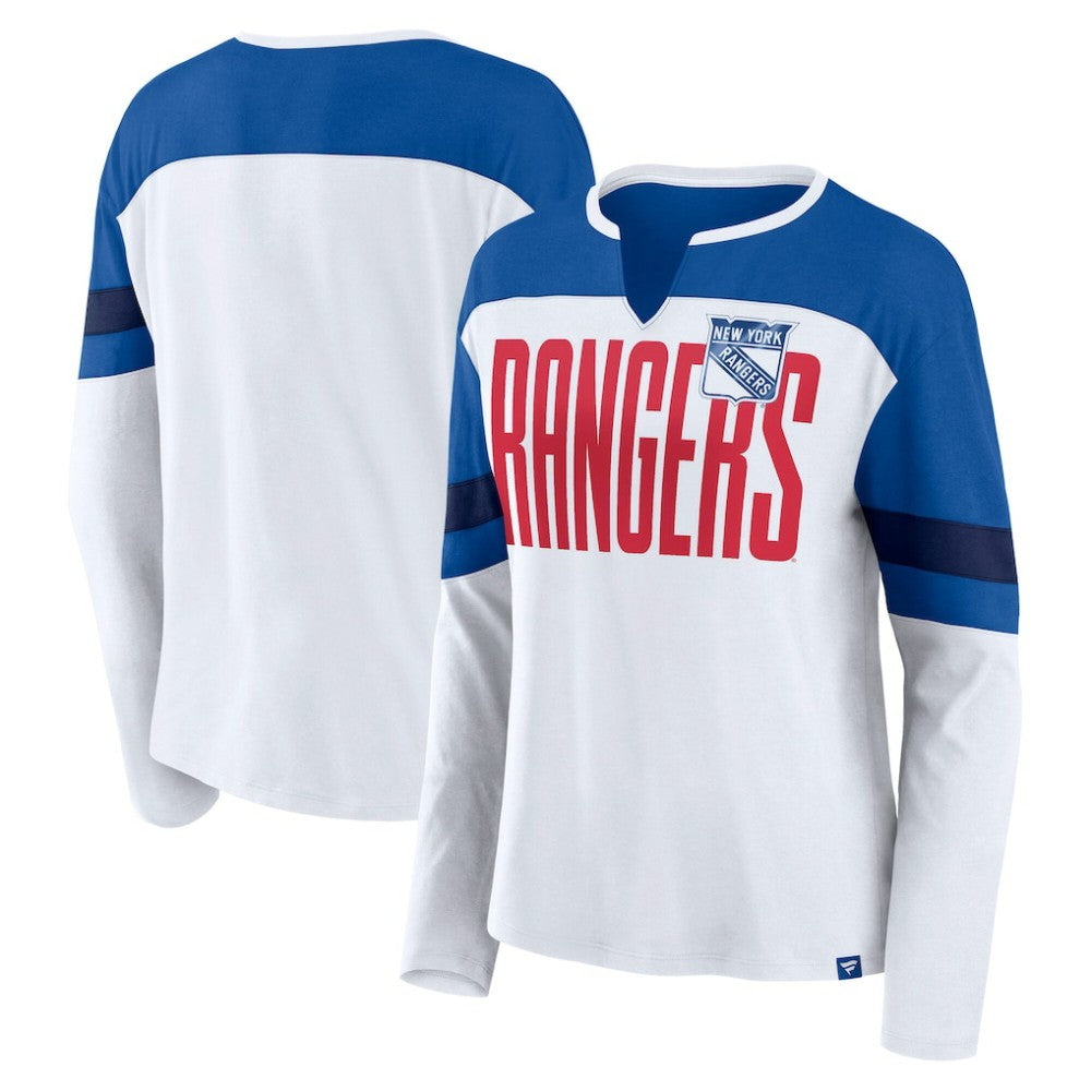 NHL New York Rangers Fanatics Women's Frozen Long Sleeve Notch Neck T-Shirt - White/Blue