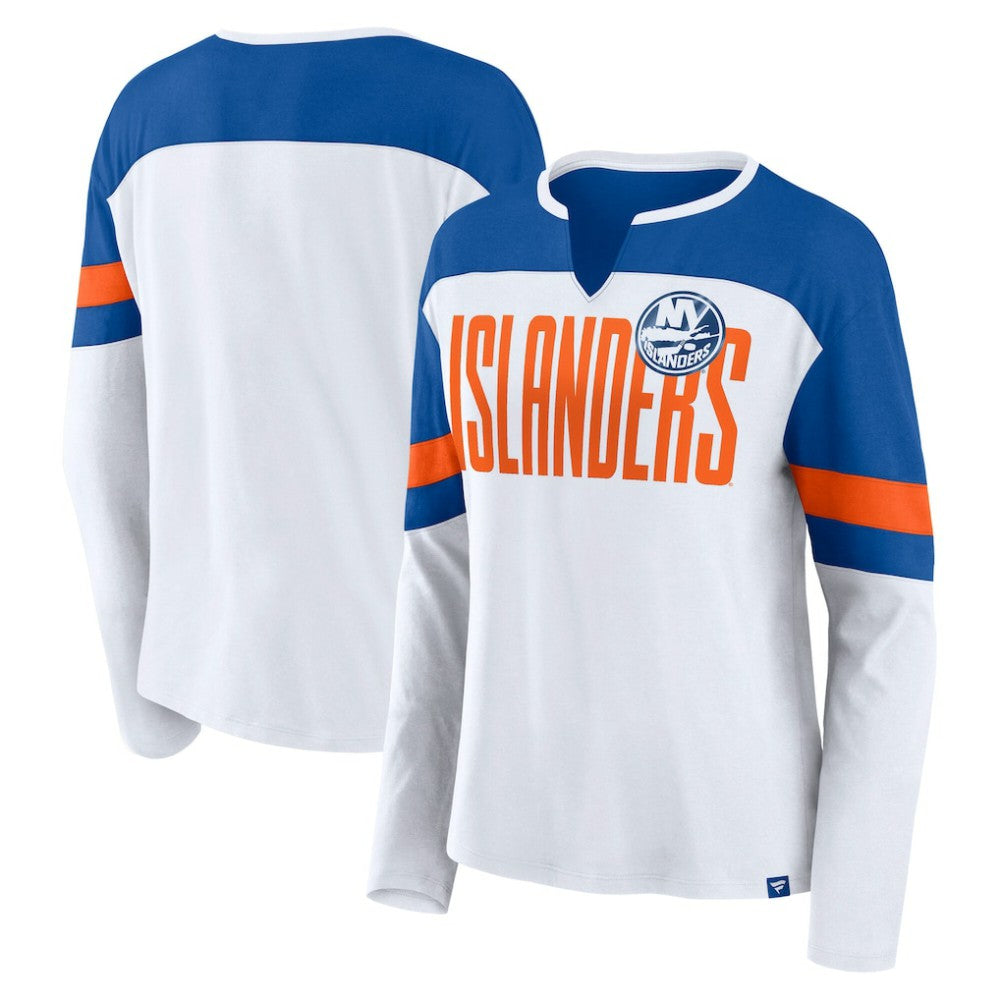 NHL New York Islanders Fanatics Women's Frozen Long Sleeve Notch Neck T-Shirt - White/Royal