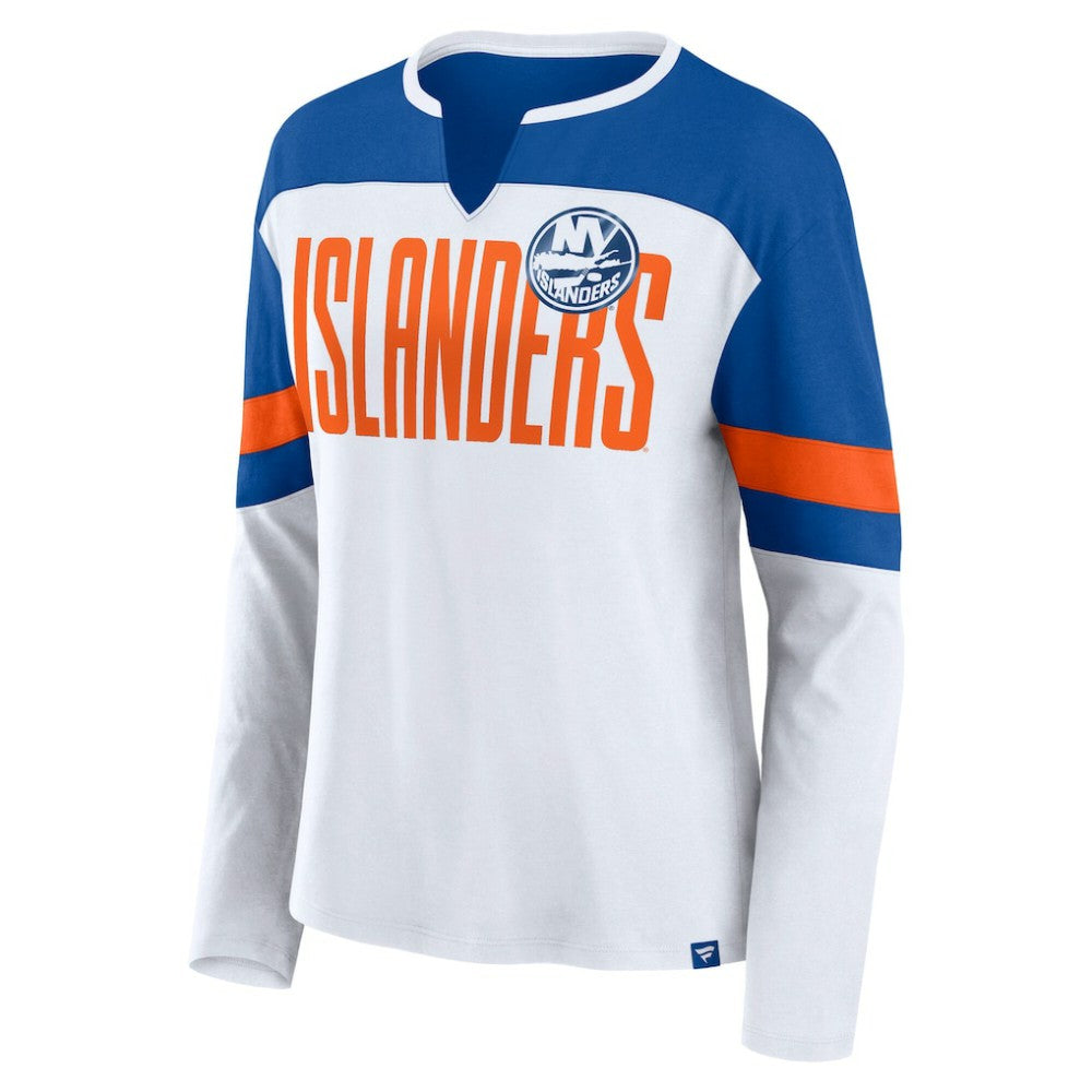 NHL New York Islanders Fanatics Women's Frozen Long Sleeve Notch Neck T-Shirt - White/Royal