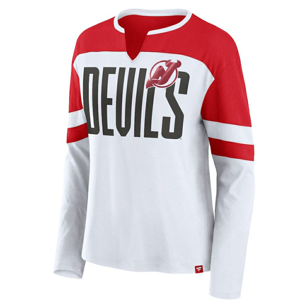NHL New Jersey Devils Fanatics Women's Frozen Long Sleeve Notch Neck T-Shirt - White/Red